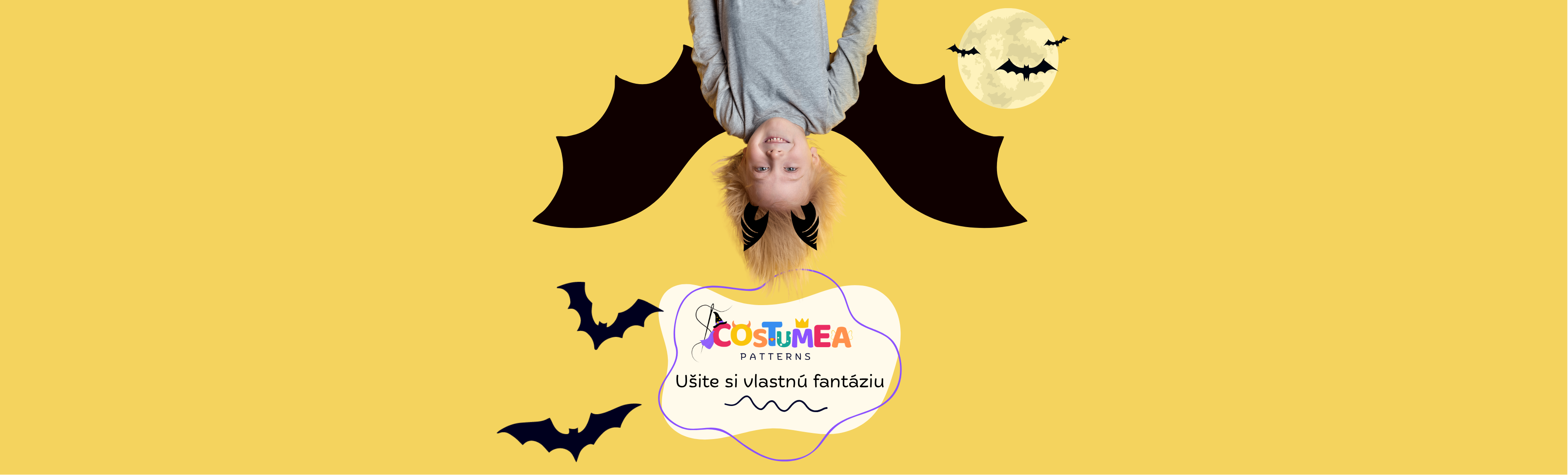 Úvodná fotka e-shopu Costumea – chlapec v kostýme netopiera a logo so sloganom Ušite si vlastnú fantáziu.
