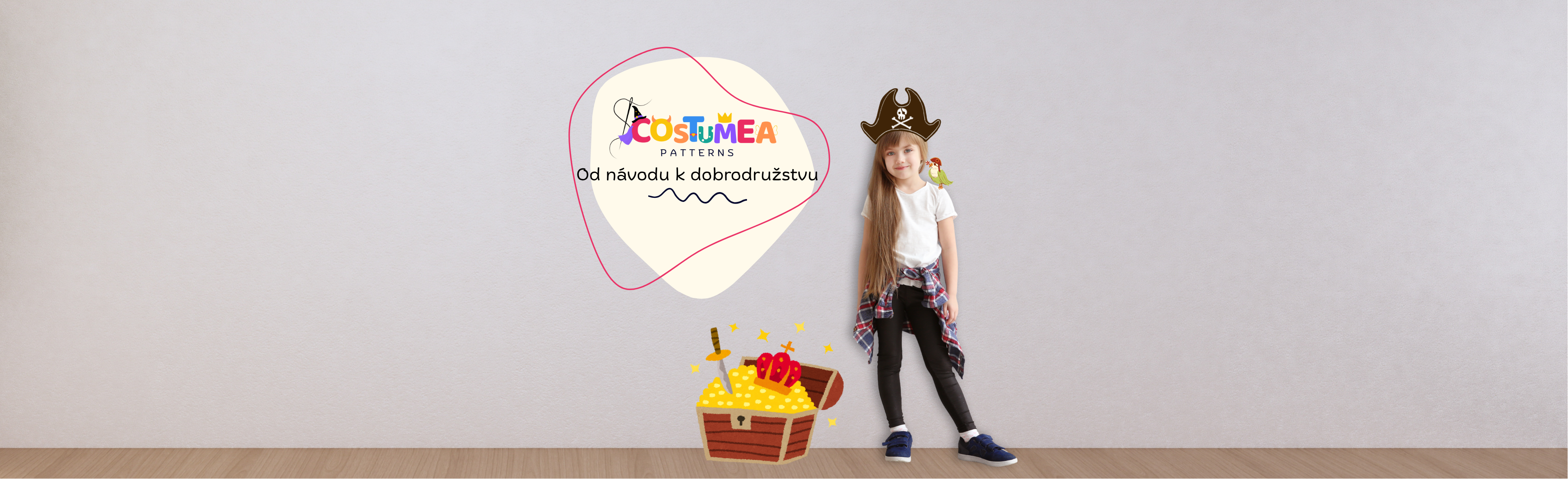 Úvodná fotka e-shopu Costumea – dievča v pirátskom kostýme a logo so sloganom Od návodu k dobrodružstvu.