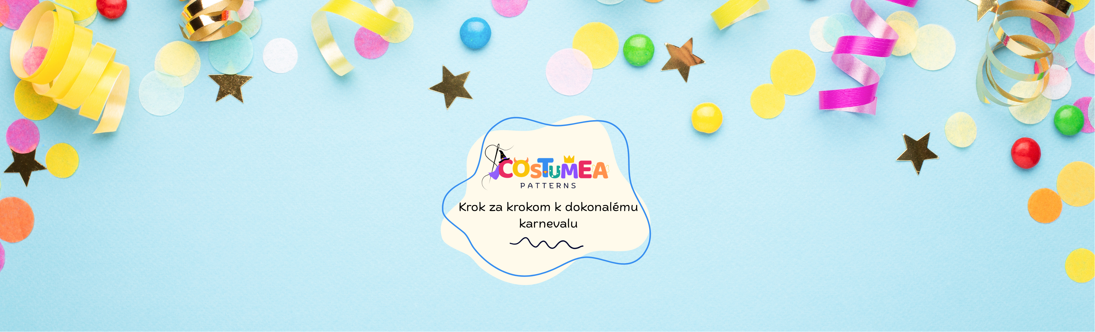 Úvodná fotka e-shopu Costumea – farebné konfety a logo so sloganom Krok za krokom k dokonalému karnevalu.